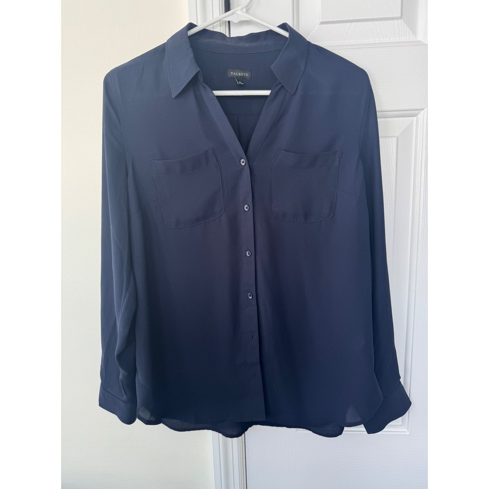 Talbots Womens Navy Blue Button‎ Down Long Sleeve Blouse Shirt Small VN5235